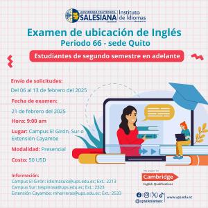 Afiche del examen de ubicación de Inglés - sede Quito